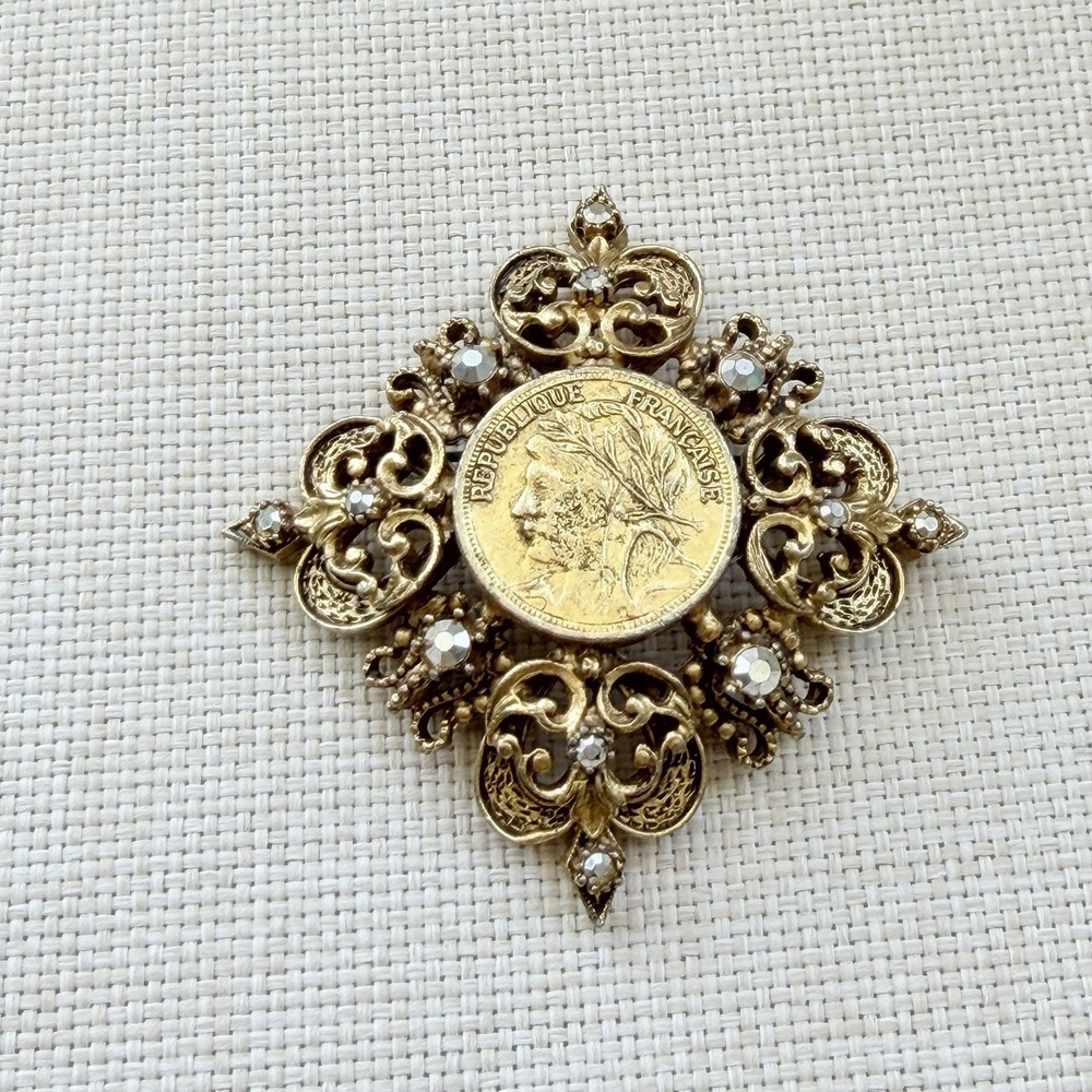 Vintage Florenza French Republic Coin Brooch Pin Gold Tone Victorian Revival